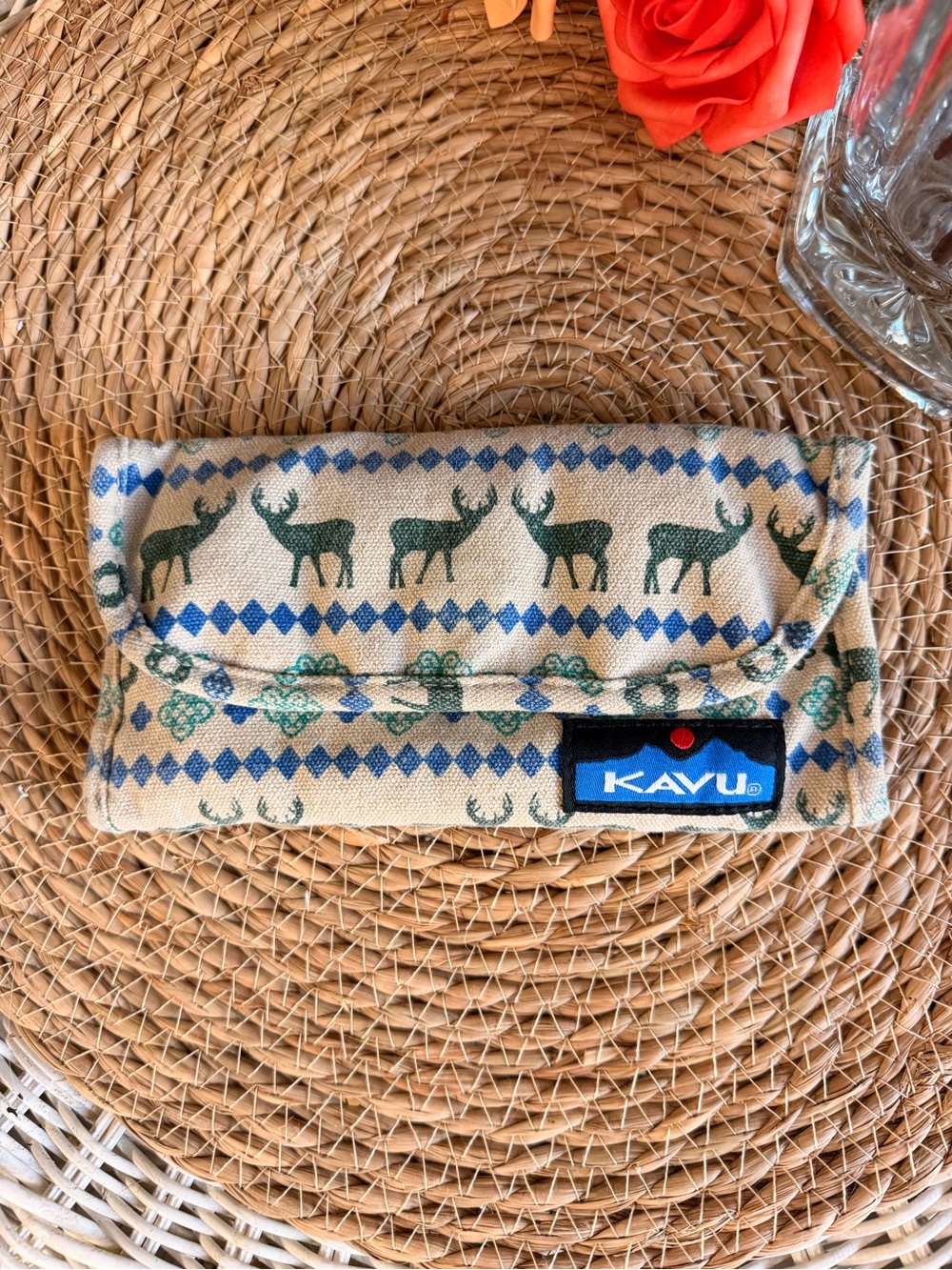 Kavu Beige Canvas Wallet with Green Deer & Blue Diamond Accents